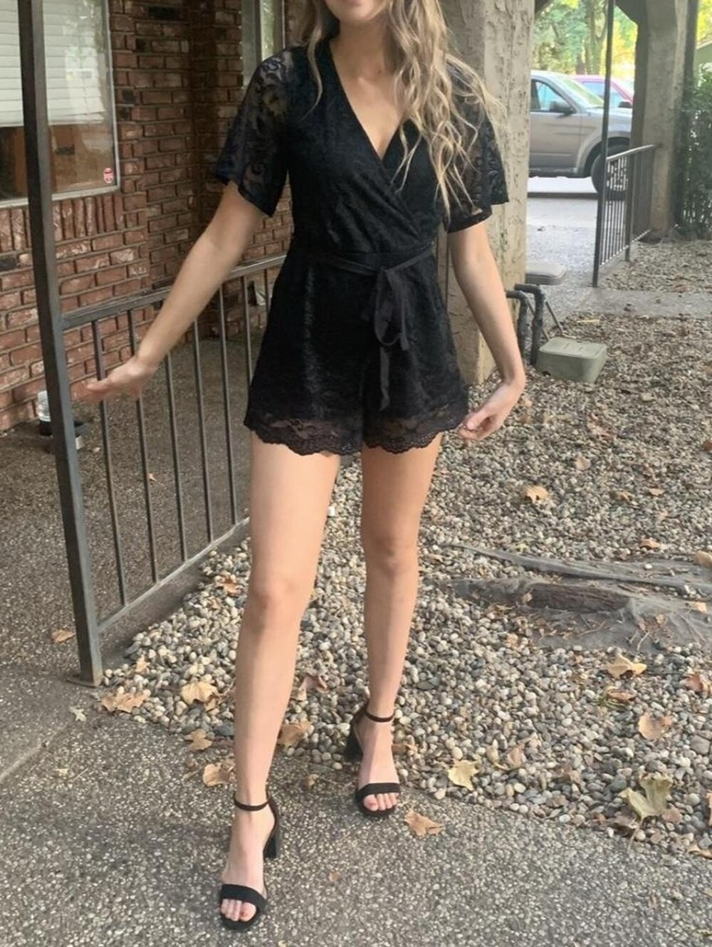 Blue Lace Short Sleeve Deep V Romper Waist Tie And Back Tie Xl